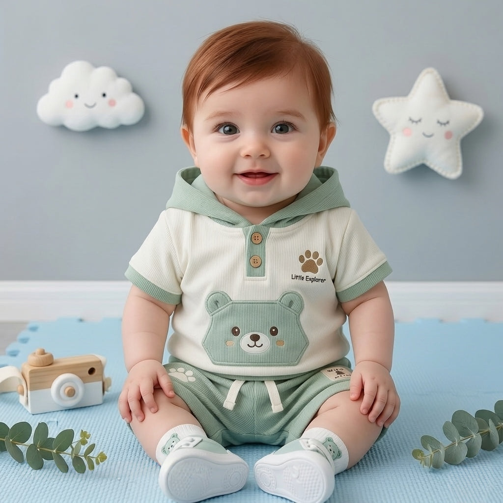 🐻 Baby Bear Hoodie Co-ord Set – Cute 3D Ear Hoodie T-Shirt & Shorts | Little Explorer Print | Available in Sage Green & Beige Brown