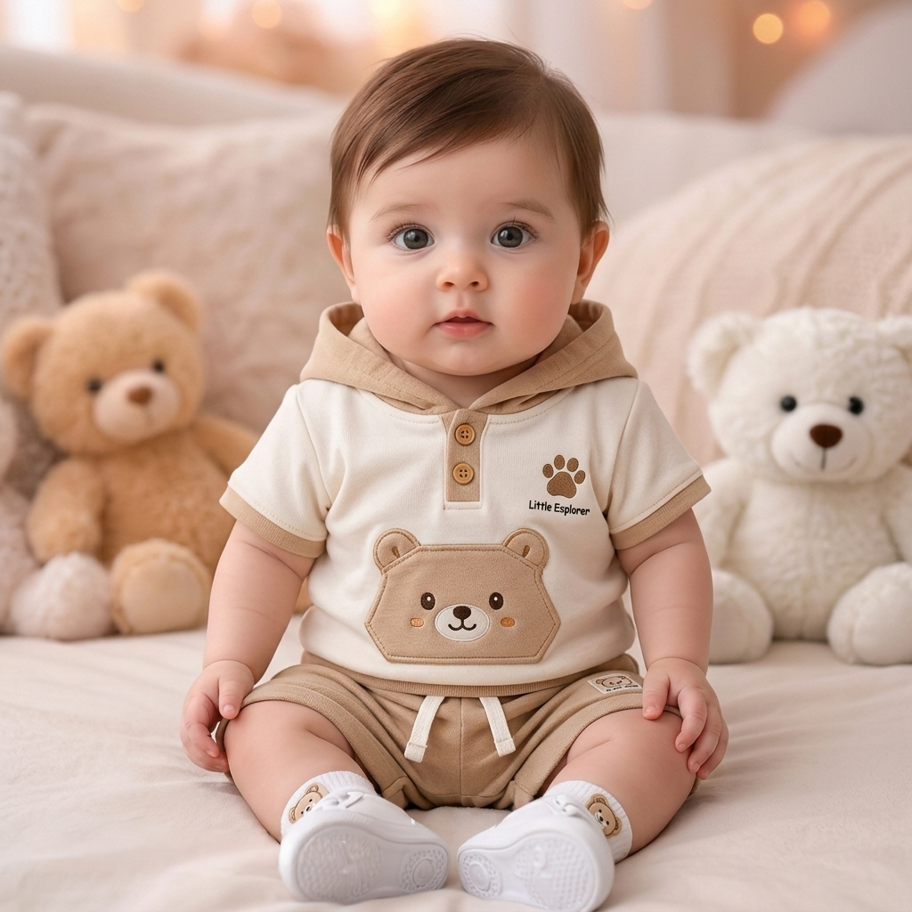 🐻 Baby Bear Hoodie Co-ord Set – Cute 3D Ear Hoodie T-Shirt & Shorts | Little Explorer Print | Available in Sage Green & Beige Brown