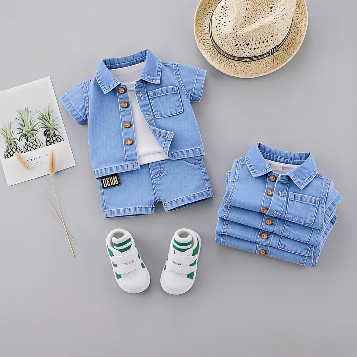 ✨ Cute Baby Denim Outfit Set – Shirt, T-Shirt & Shorts Combo 👶💙