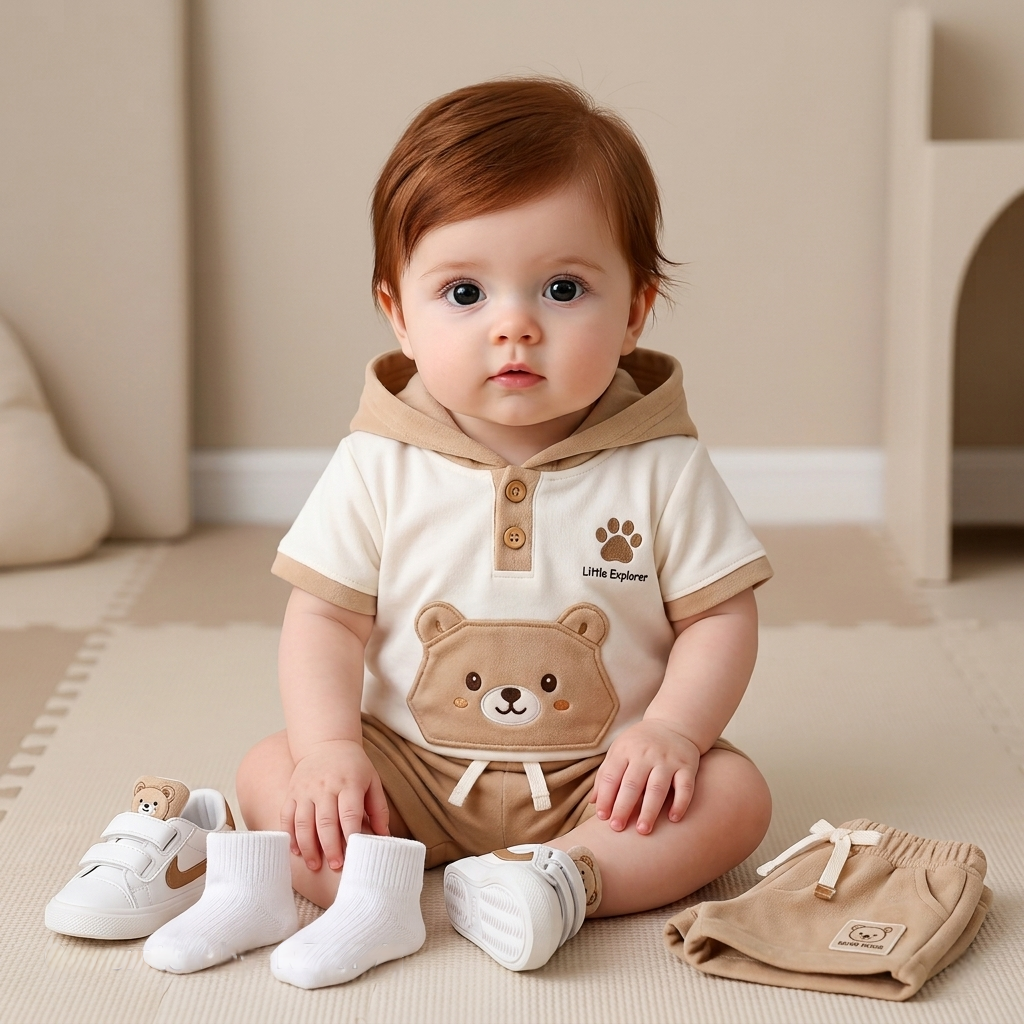 🐻 Baby Bear Hoodie Co-ord Set – Cute 3D Ear Hoodie T-Shirt & Shorts | Little Explorer Print | Available in Sage Green & Beige Brown