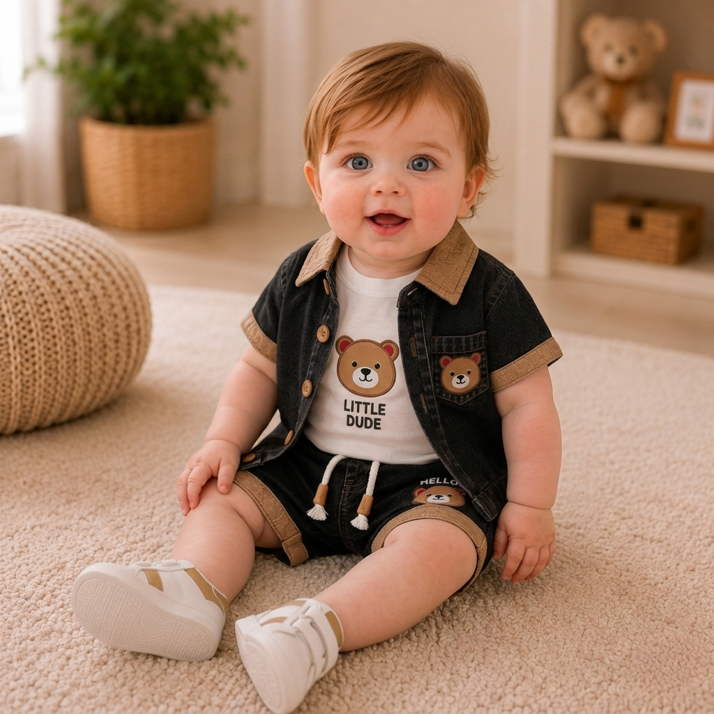 Baby Boys Denim Bear Printed Shirt & Shorts Set 💙🐻