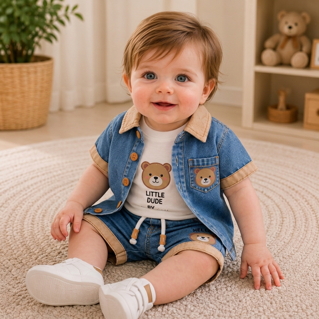 Baby Boys Denim Bear Printed Shirt & Shorts Set 💙🐻