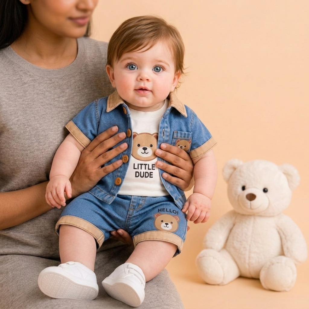 Baby Boys Denim Bear Printed Shirt & Shorts Set 💙🐻