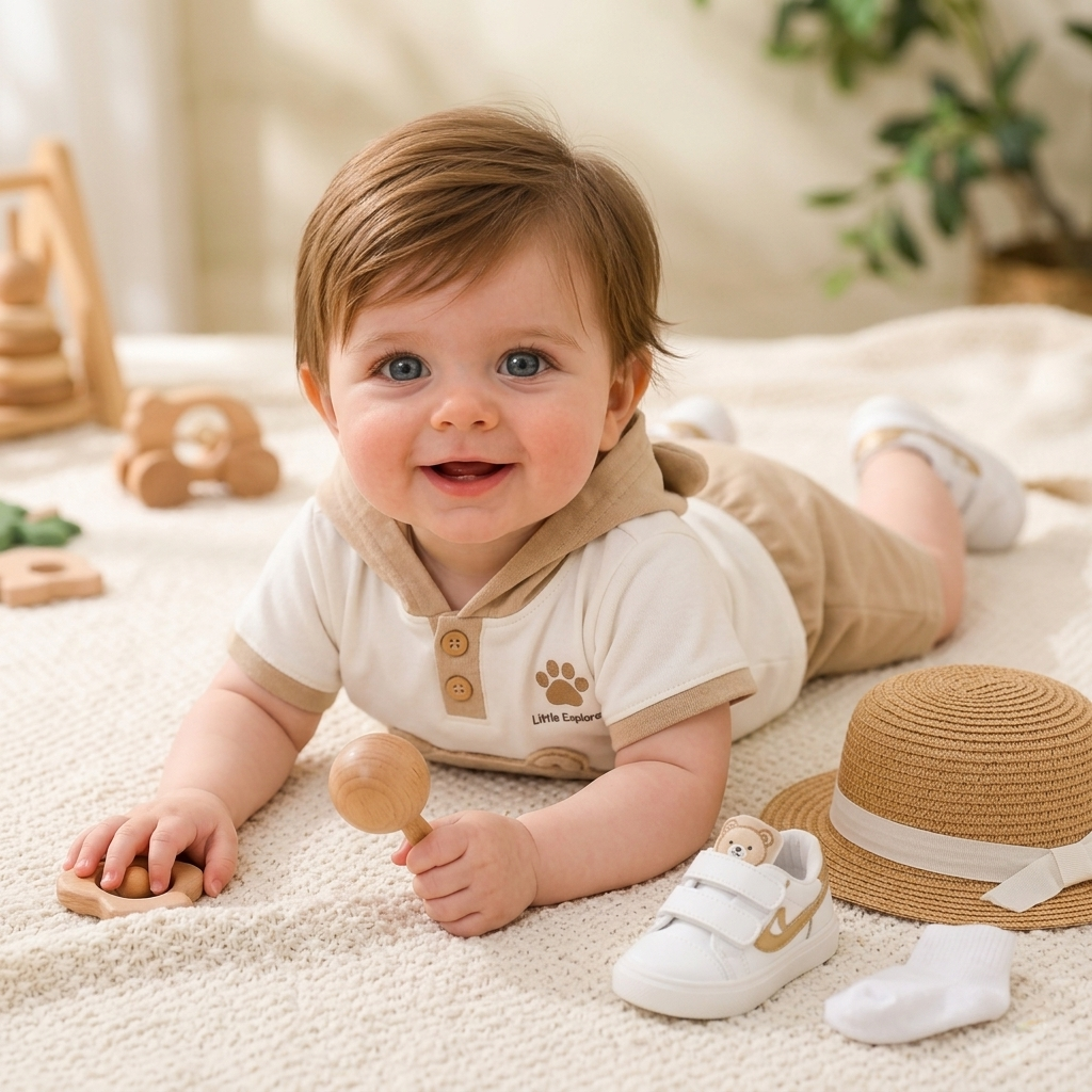 🐻 Baby Bear Hoodie Co-ord Set – Cute 3D Ear Hoodie T-Shirt & Shorts | Little Explorer Print | Available in Sage Green & Beige Brown