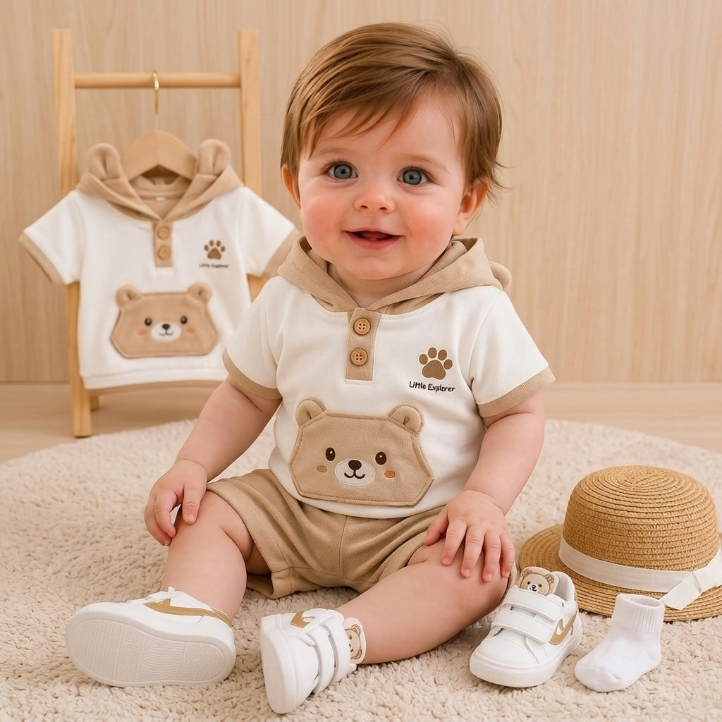 🐻 Baby Bear Hoodie Co-ord Set – Cute 3D Ear Hoodie T-Shirt & Shorts | Little Explorer Print | Available in Sage Green & Beige Brown