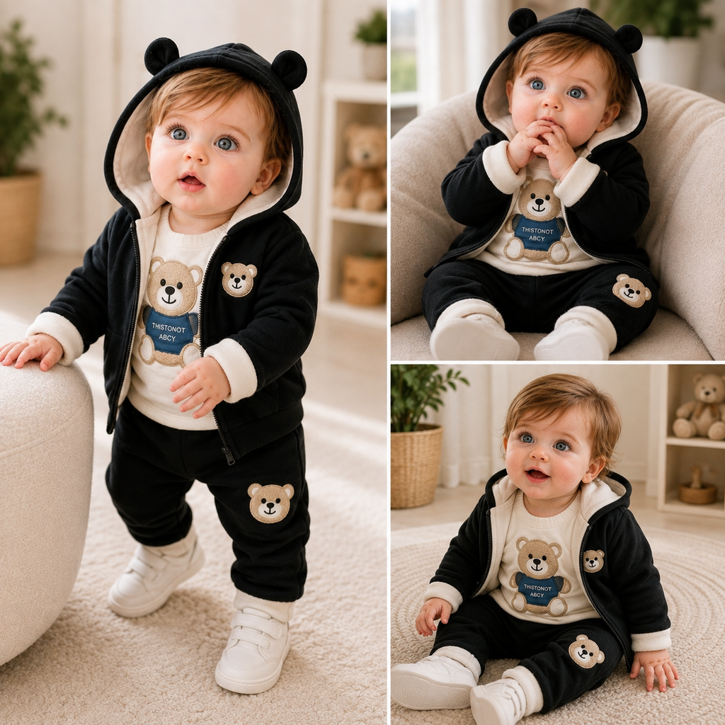 🧸 Cute Bear Hoodie 3-Piece Baby Clothing Set | Soft Cotton Blend Jacket, T-Shirt & Jogger Pant | Premium Kids Outfit | Unisex | All Season Wear (0-5 Years)