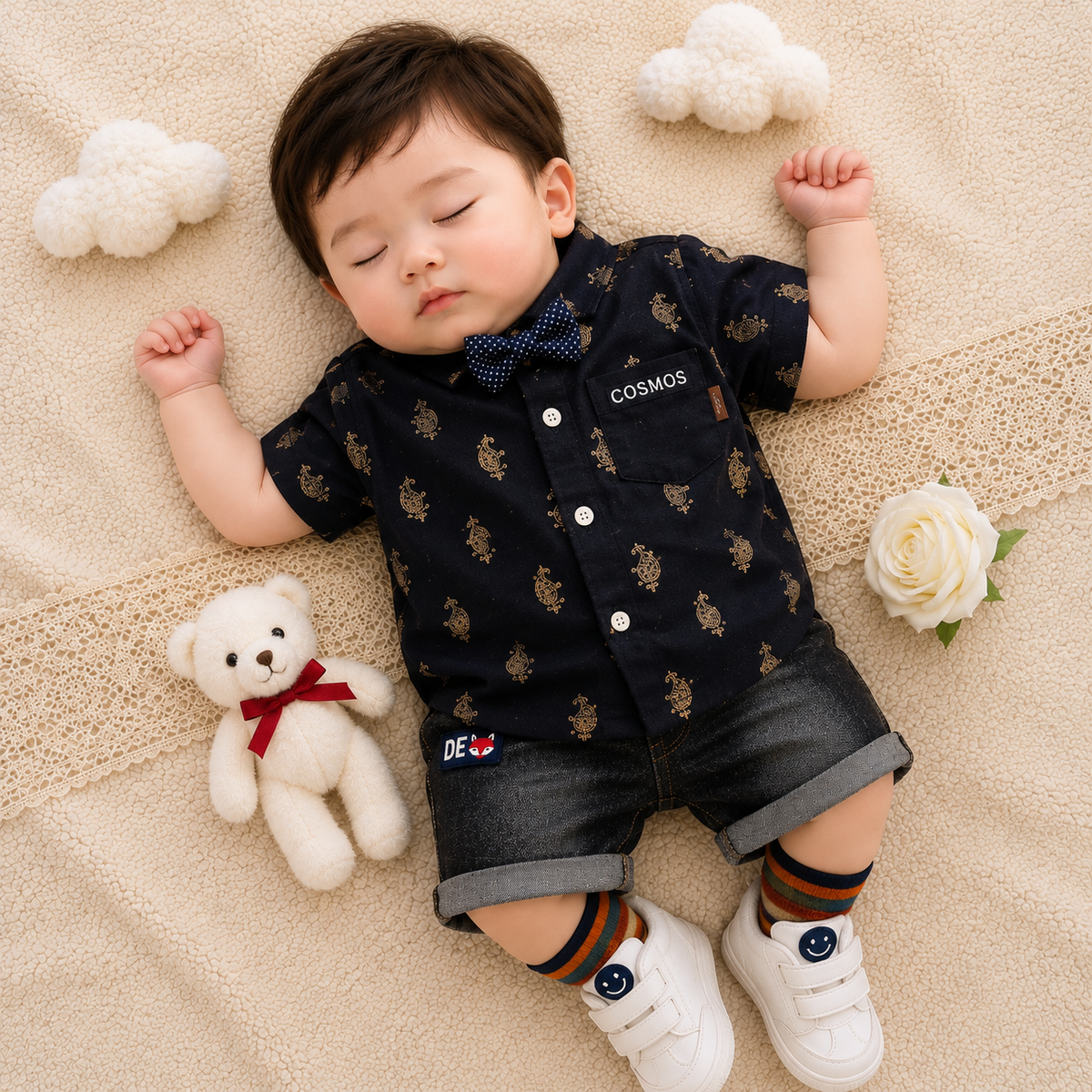 Baby Boys Formal Summer Outfit Set with Bow Tie & Shorts – Available in White, Black & Sky Blue