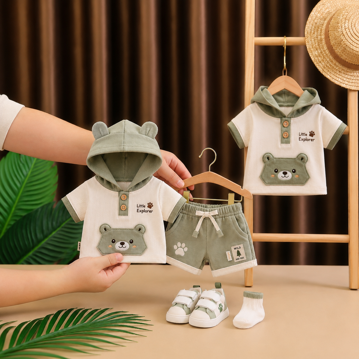 🐻 Baby Bear Hoodie Co-ord Set – Cute 3D Ear Hoodie T-Shirt & Shorts | Little Explorer Print | Available in Sage Green & Beige Brown