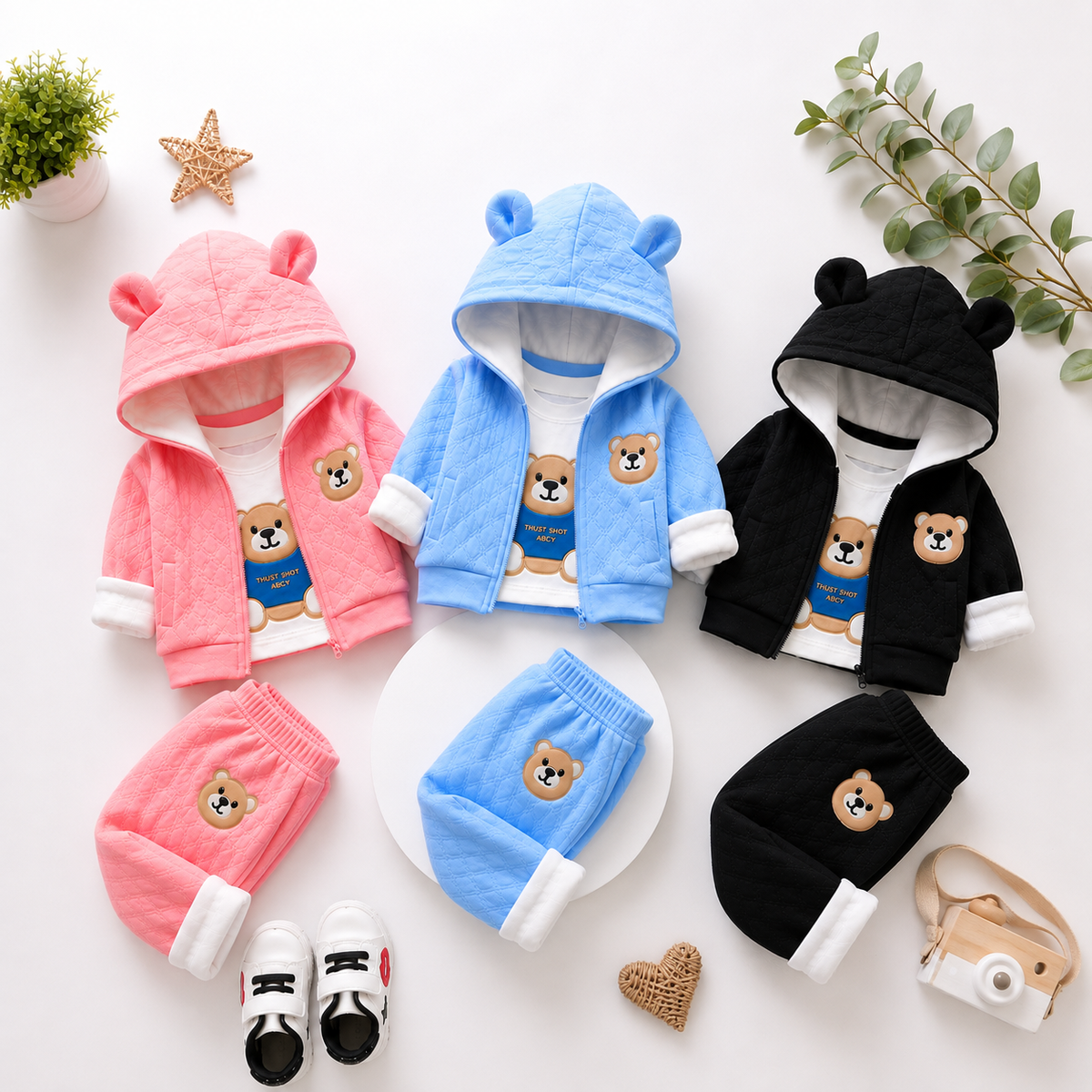 🧸 Cute Bear Hoodie 3-Piece Baby Clothing Set | Soft Cotton Blend Jacket, T-Shirt & Jogger Pant | Premium Kids Outfit | Unisex | All Season Wear (0-5 Years)