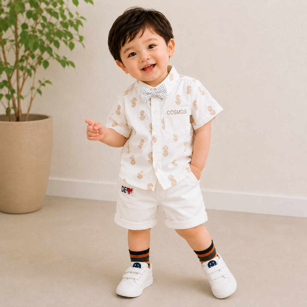 Baby Boys Formal Summer Outfit Set with Bow Tie & Shorts – Available in White, Black & Sky Blue