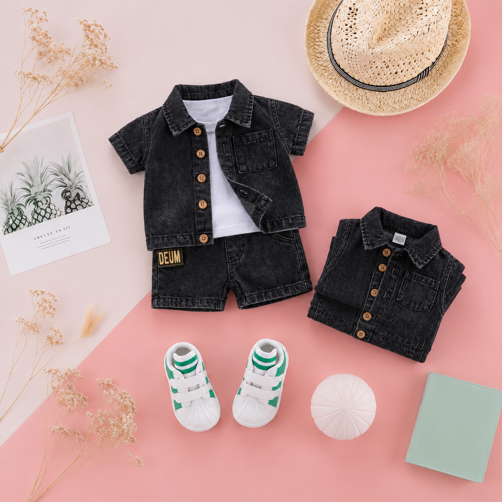 Baby & Kids Denim Co-ord Set | Shirt + T-Shirt + Shorts | Unisex (8M–5Y)