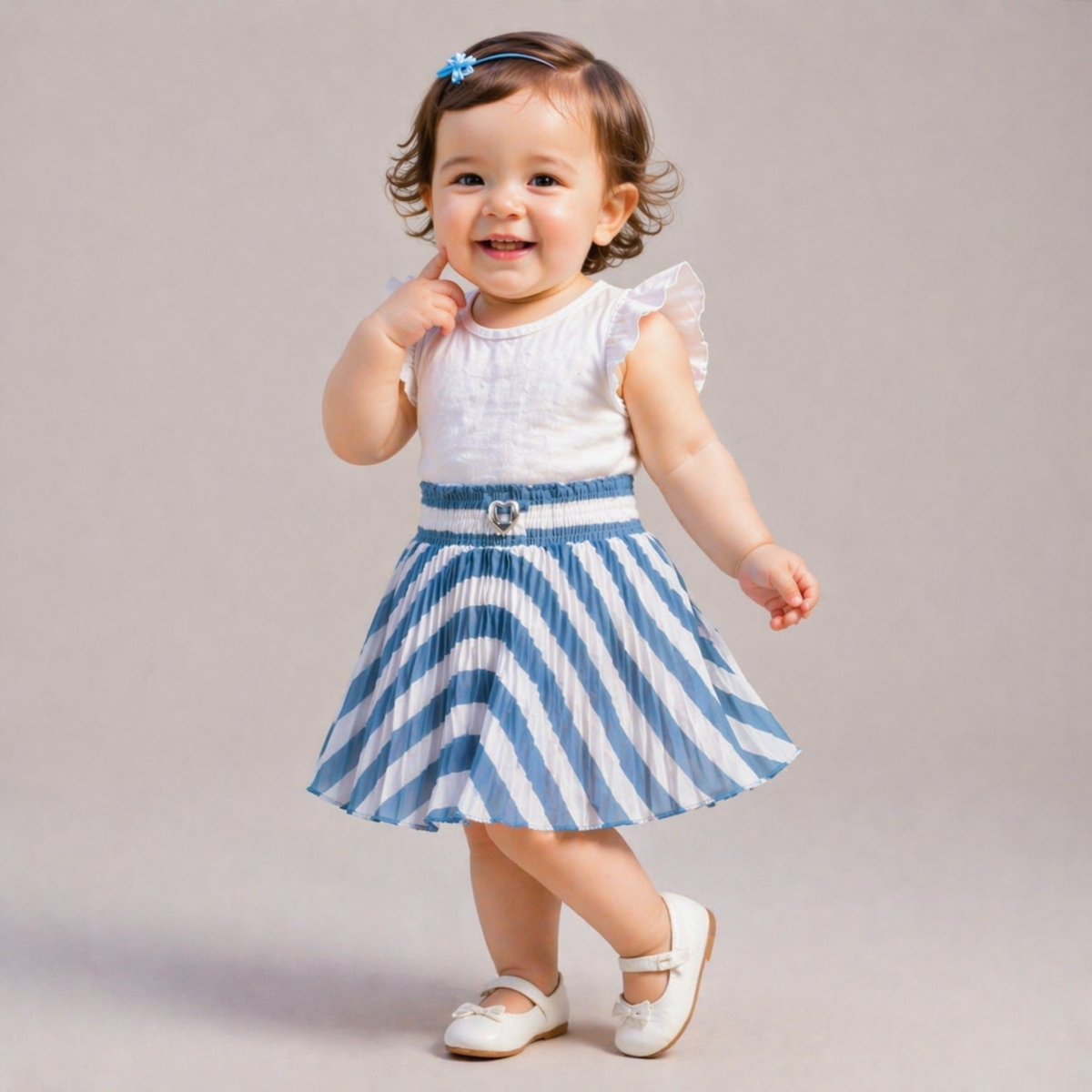 Baby Girls Blue & White Striped Pleated Skirt | Soft Elastic Waist | Stylish Single Piece Skirt