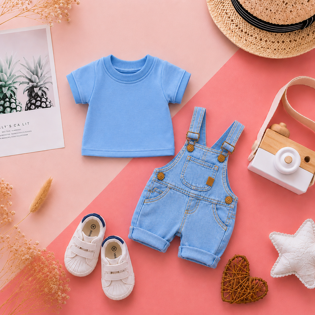 Baby Boy Denim Dungaree Set with Blue Tee 👶🩵