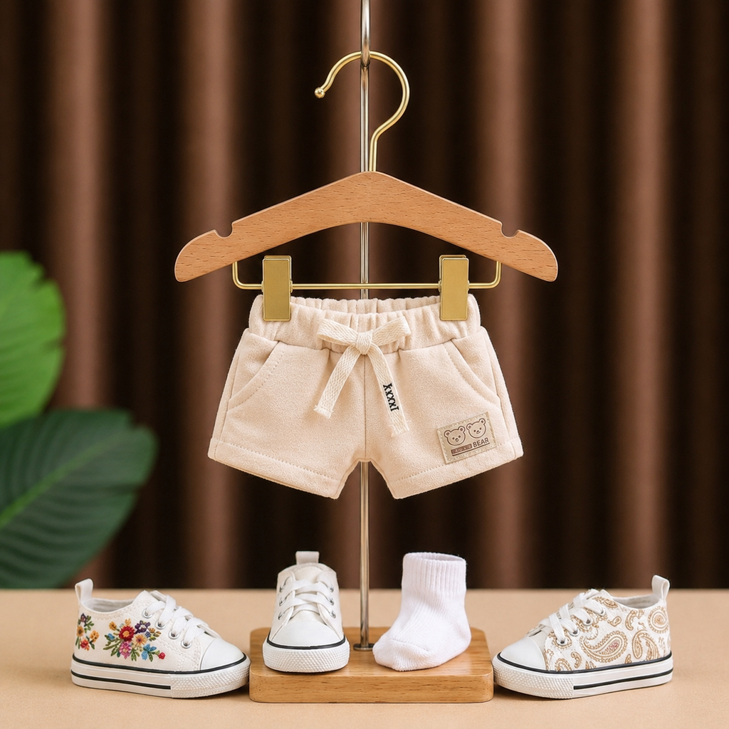 Adorable Bear-Ear Hoodie & Shorts Co-ord Set for Babies – Soft Cotton, Cute Pouch Pocket Design (Cream/Brown)