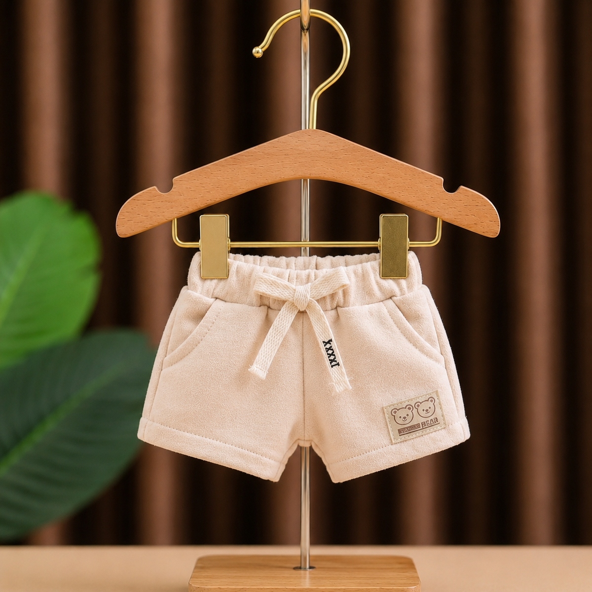 Adorable Bear-Ear Hoodie & Shorts Co-ord Set for Babies – Soft Cotton, Cute Pouch Pocket Design (Cream/Brown)