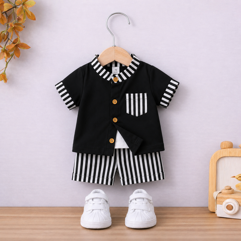 Stylish Kids Summer Co-ord Set | Black & White Striped Half Sleeve Shirt & Shorts Outfit