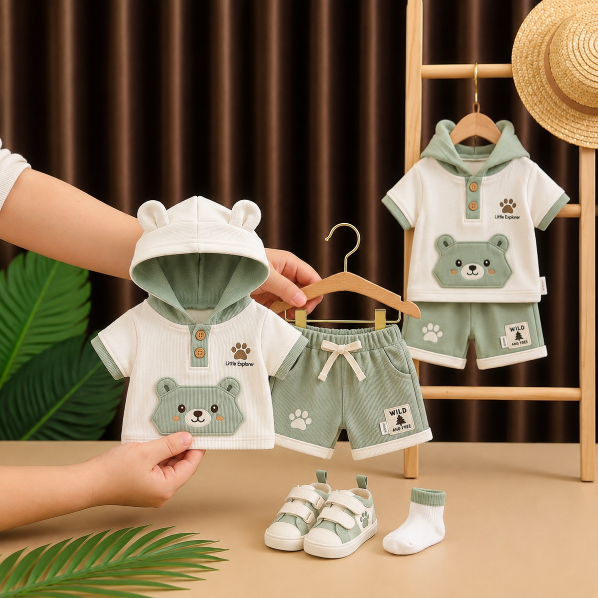 🐻 Baby Bear Hoodie Co-ord Set – Cute 3D Ear Hoodie T-Shirt & Shorts | Little Explorer Print | Available in Sage Green & Beige Brown