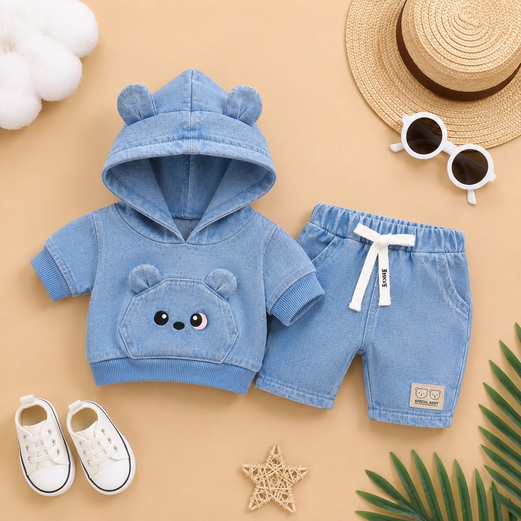 Adorable Bear-Ear Hoodie & Shorts Co-ord Set for Babies – Soft Cotton, Cute Pouch Pocket Design (Cream/Brown)