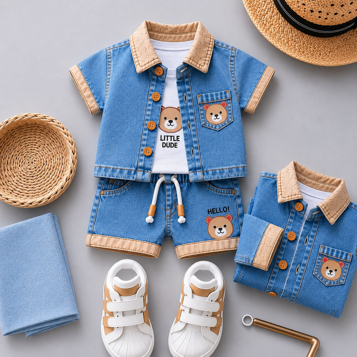 Baby Boys Denim Bear Printed Shirt & Shorts Set 💙🐻