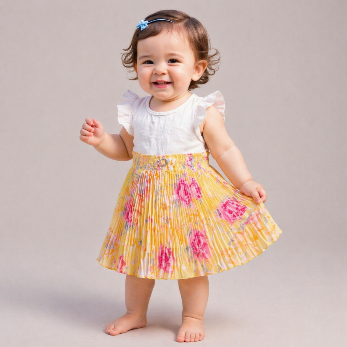 Baby Girls Yellow Floral Pleated Skirt | Soft Elastic Waist | Cute & Stylish Single Piece Skirt