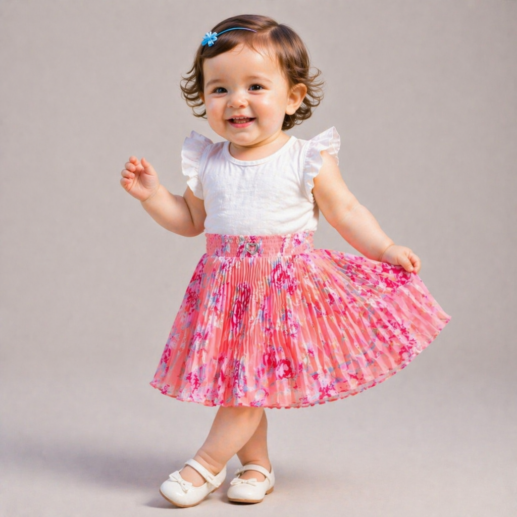 Baby Girls Pink Floral Pleated Skirt | Soft Elastic Waist | Cute Stylish Single Piece Skirt