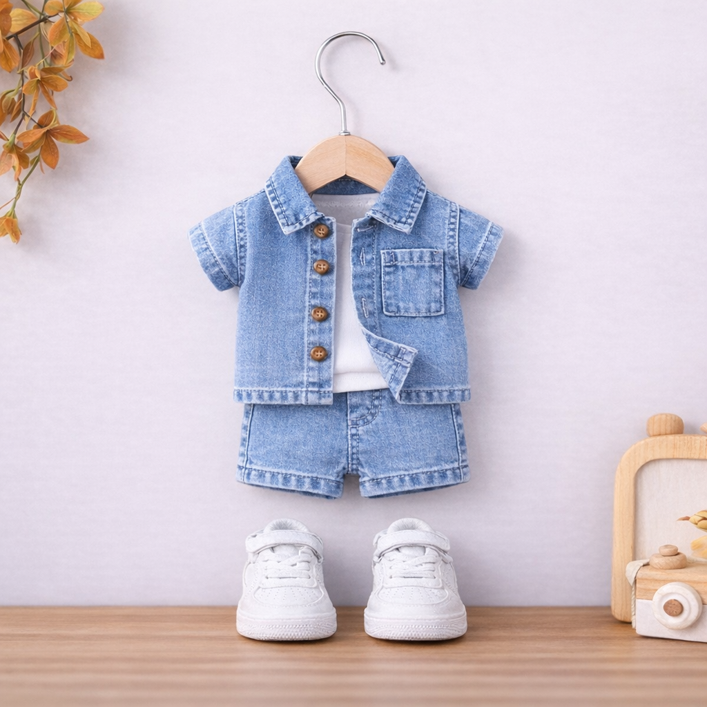 ✨ Cute Baby Denim Outfit Set – Shirt, T-Shirt & Shorts Combo 👶💙