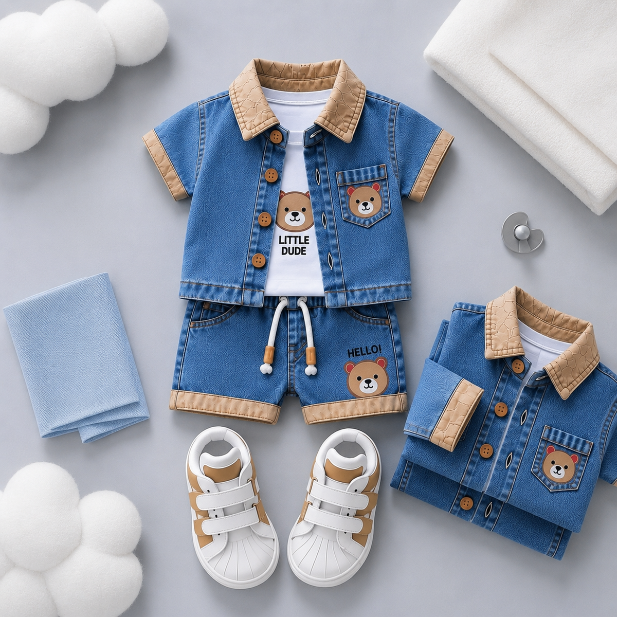 Baby Boys Denim Bear Printed Shirt & Shorts Set 💙🐻