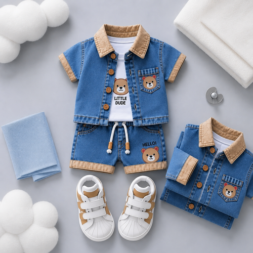 Baby Boys Denim Bear Printed Shirt & Shorts Set 💙🐻