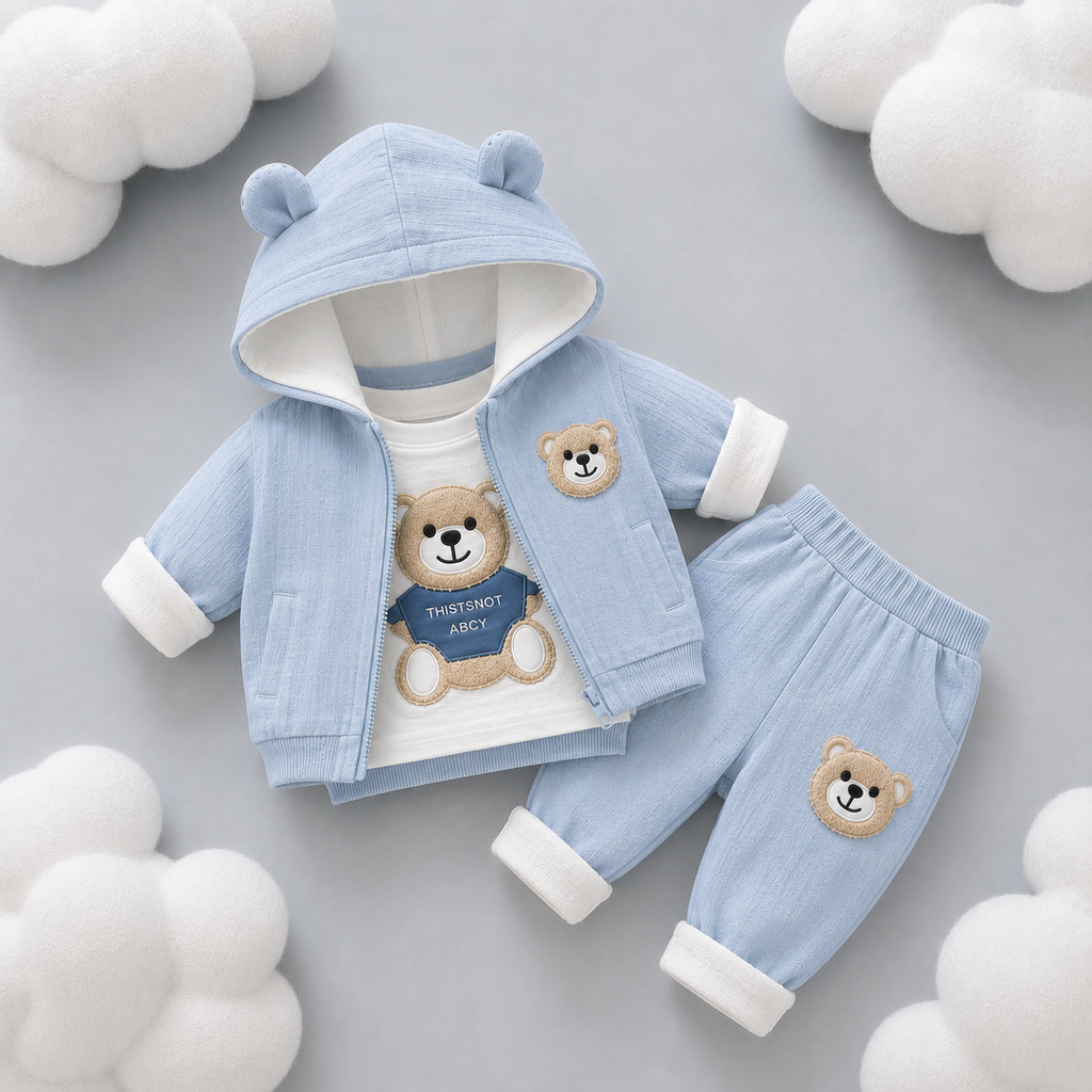 🧸 Cute Bear Hoodie 3-Piece Baby Clothing Set | Soft Cotton Blend Jacket, T-Shirt & Jogger Pant | Premium Kids Outfit | Unisex | All Season Wear (0-5 Years)
