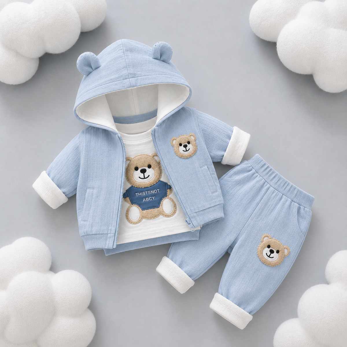 🧸 Cute Bear Hoodie 3-Piece Baby Clothing Set | Soft Cotton Blend Jacket, T-Shirt & Jogger Pant | Premium Kids Outfit | Unisex | All Season Wear (0-5 Years)