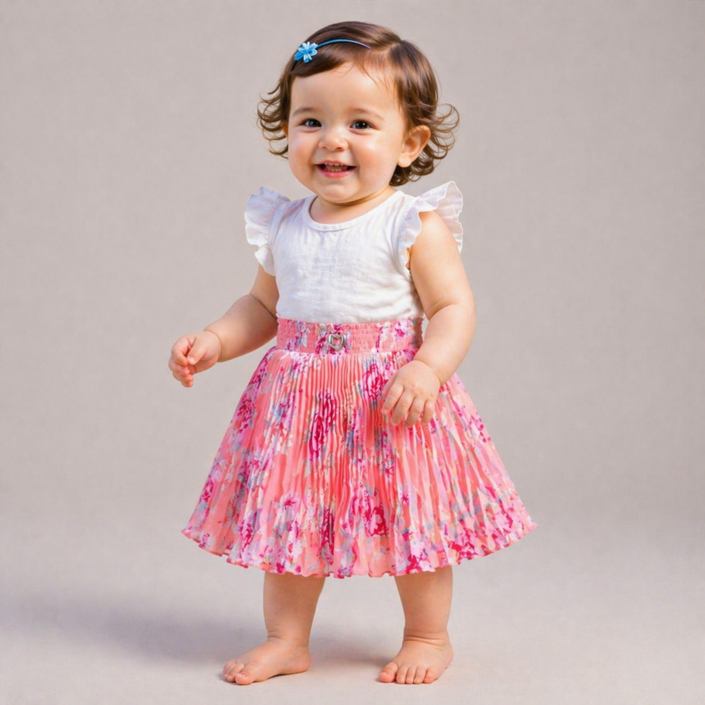 Baby Girls Pink Floral Pleated Skirt | Soft Elastic Waist | Cute Stylish Single Piece Skirt