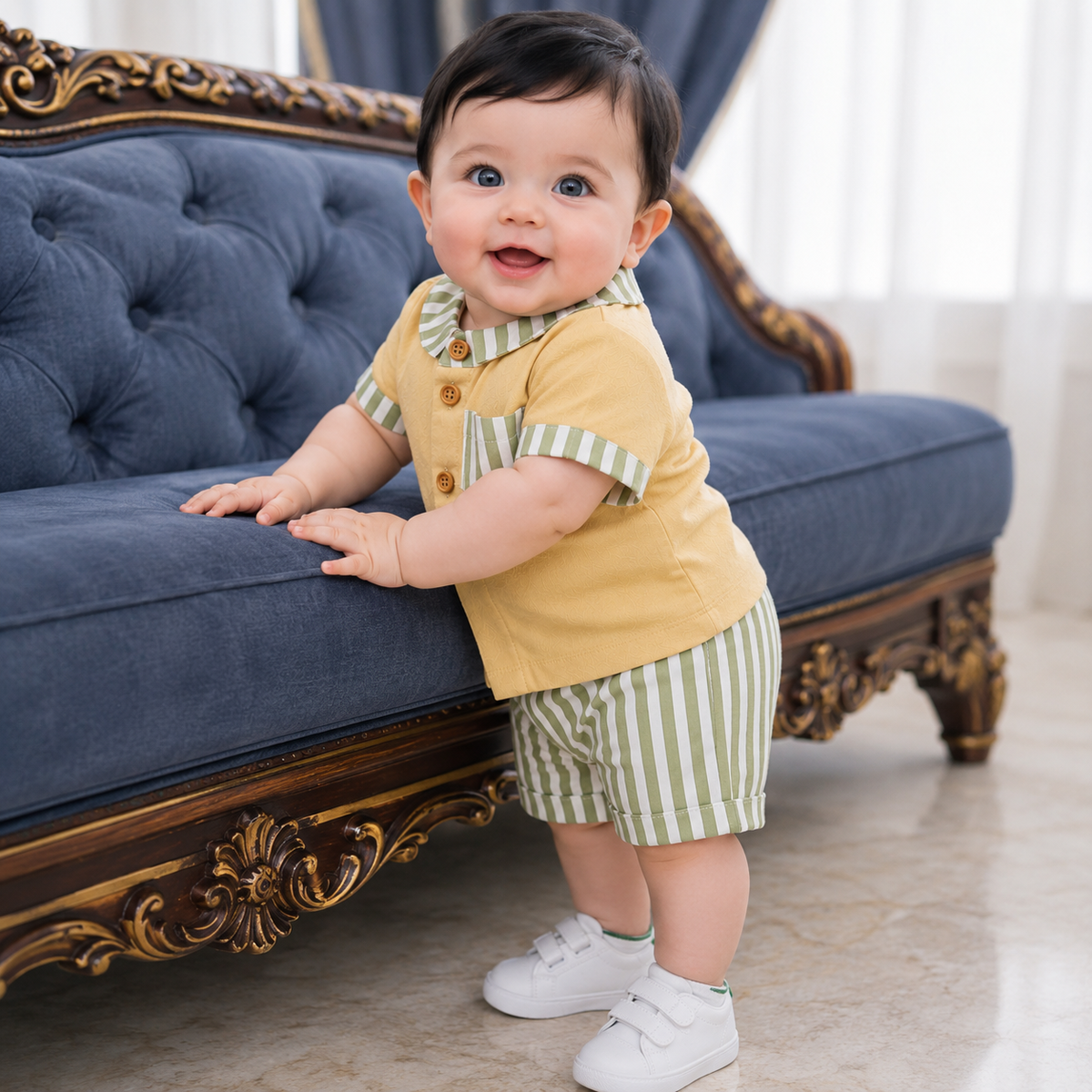 Soft Summer Baby Co-ord Set – Premium Cotton Shirt & Striped Shorts