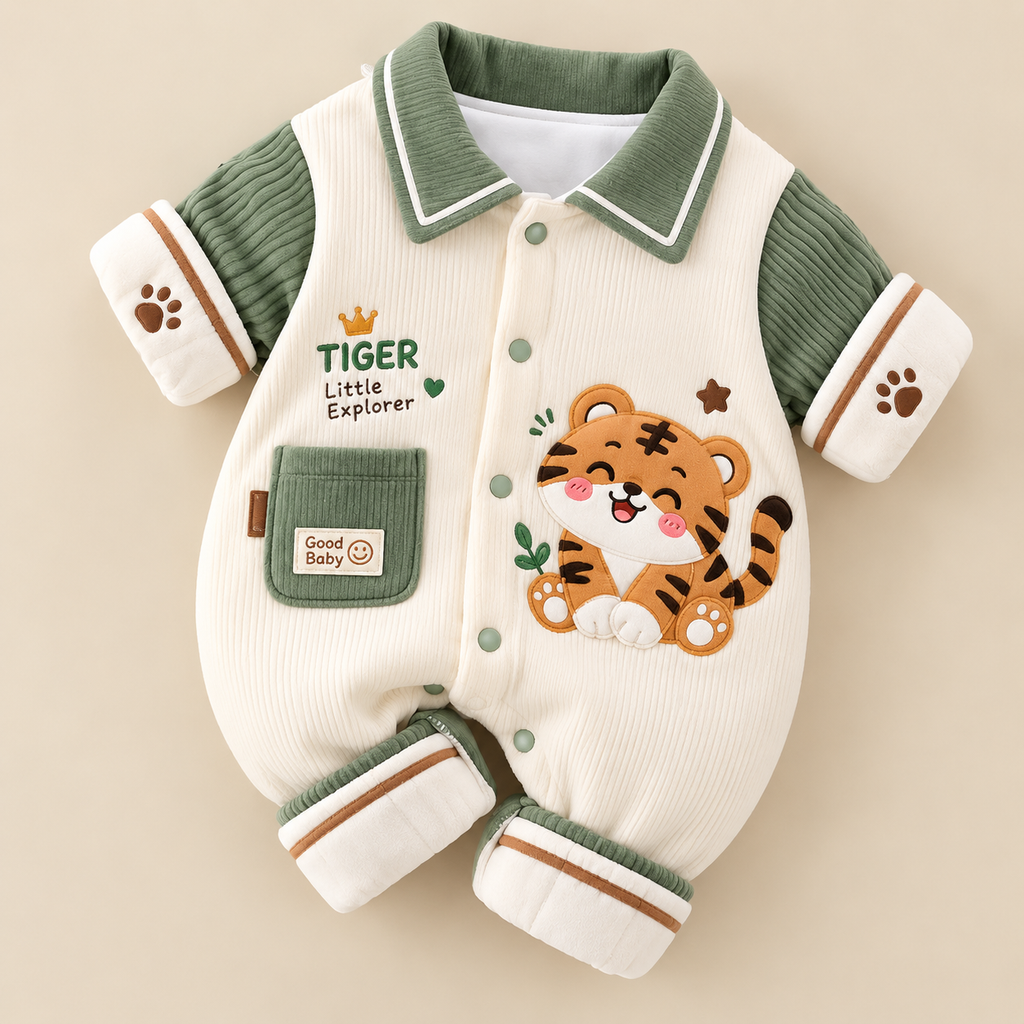 Baby Tiger Print Romper – Lightweight Summer Cotton Jumpsuit for Boys & Girls | Cute Cartoon Full Sleeve Bodysuit