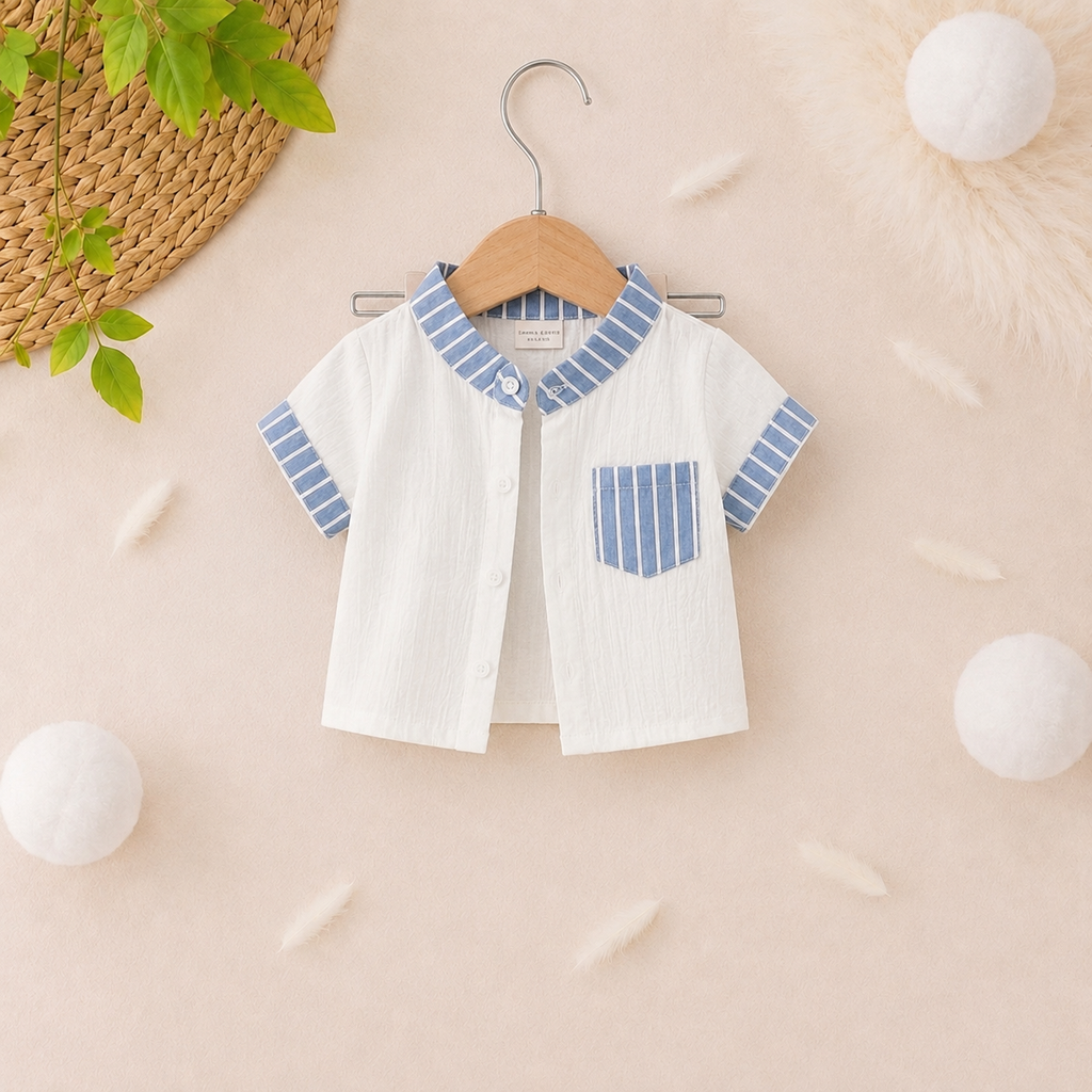 Baby Boys White & Sky Blue Striped Summer Co-Ord Set