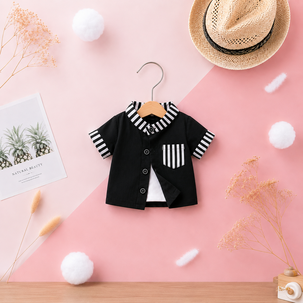 Stylish Kids Summer Co-ord Set | Black & White Striped Half Sleeve Shirt & Shorts Outfit