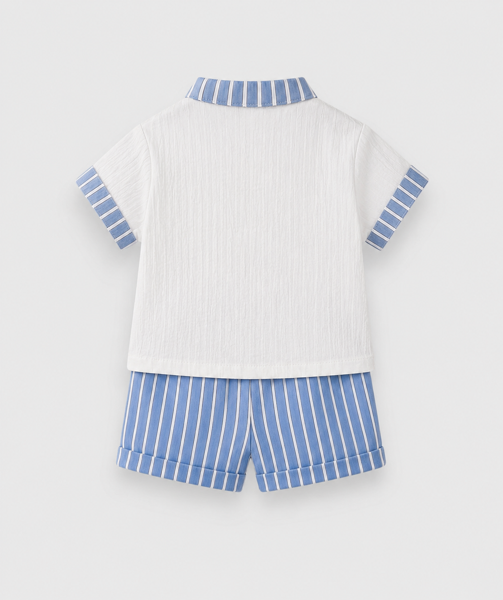 Baby Boys White & Sky Blue Striped Summer Co-Ord Set