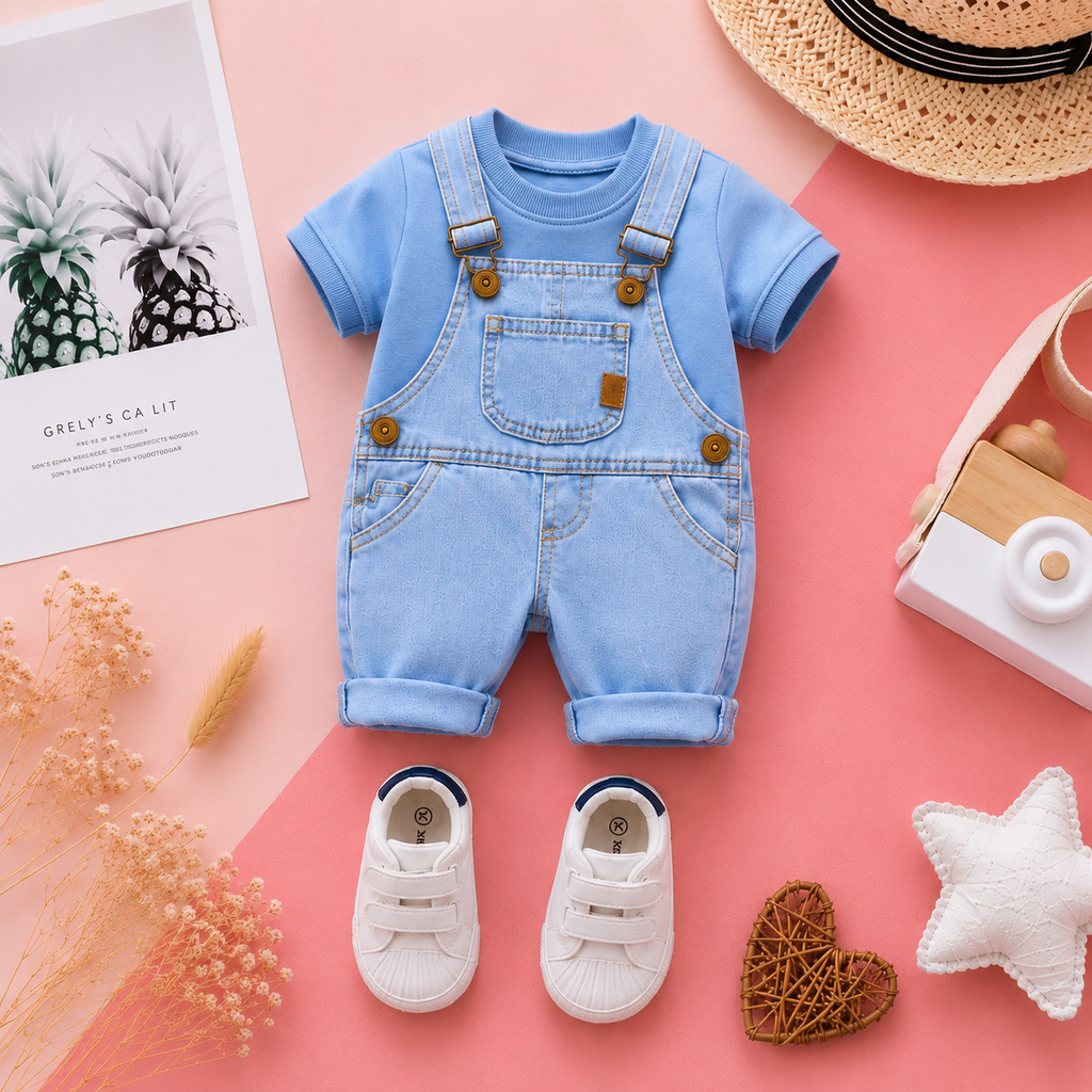 Baby Boy Denim Dungaree Set with Blue Tee 👶🩵