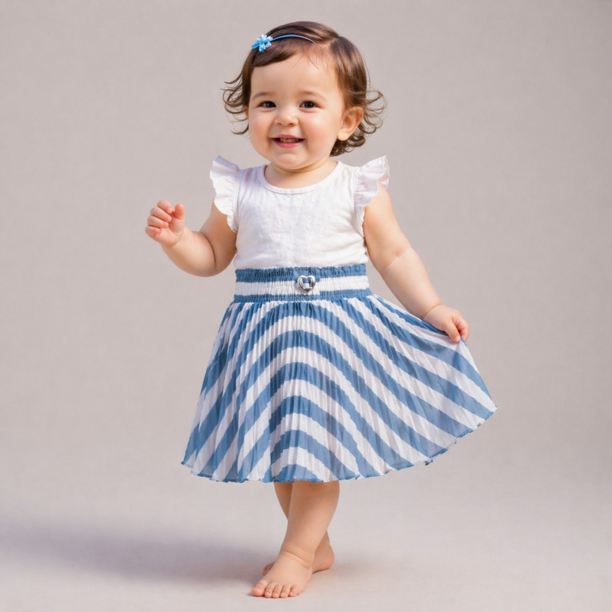 Baby Girls Blue & White Striped Pleated Skirt | Soft Elastic Waist | Stylish Single Piece Skirt