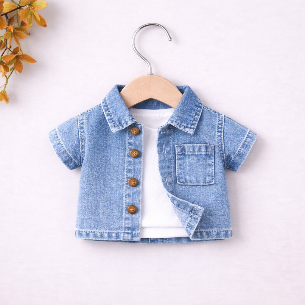 ✨ Cute Baby Denim Outfit Set – Shirt, T-Shirt & Shorts Combo 👶💙