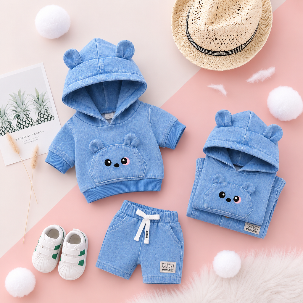 Adorable Bear-Ear Hoodie & Shorts Co-ord Set for Babies – Soft Cotton, Cute Pouch Pocket Design (Cream/Brown)