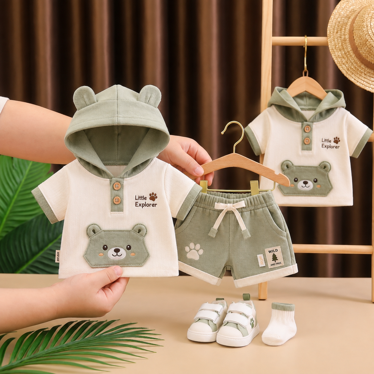 🐻 Baby Bear Hoodie Co-ord Set – Cute 3D Ear Hoodie T-Shirt & Shorts | Little Explorer Print | Available in Sage Green & Beige Brown