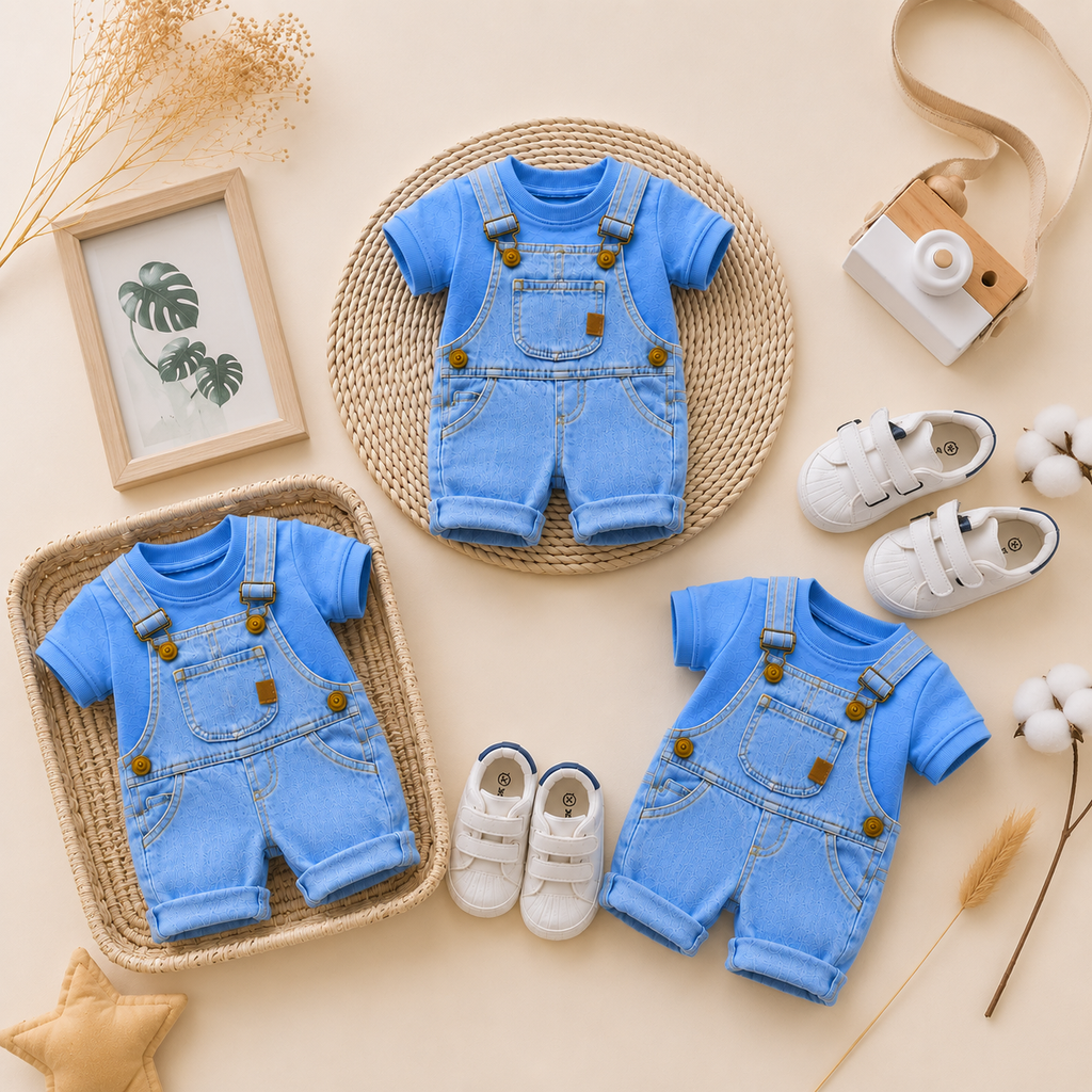 Baby Boy Denim Dungaree Set with Blue Tee 👶🩵