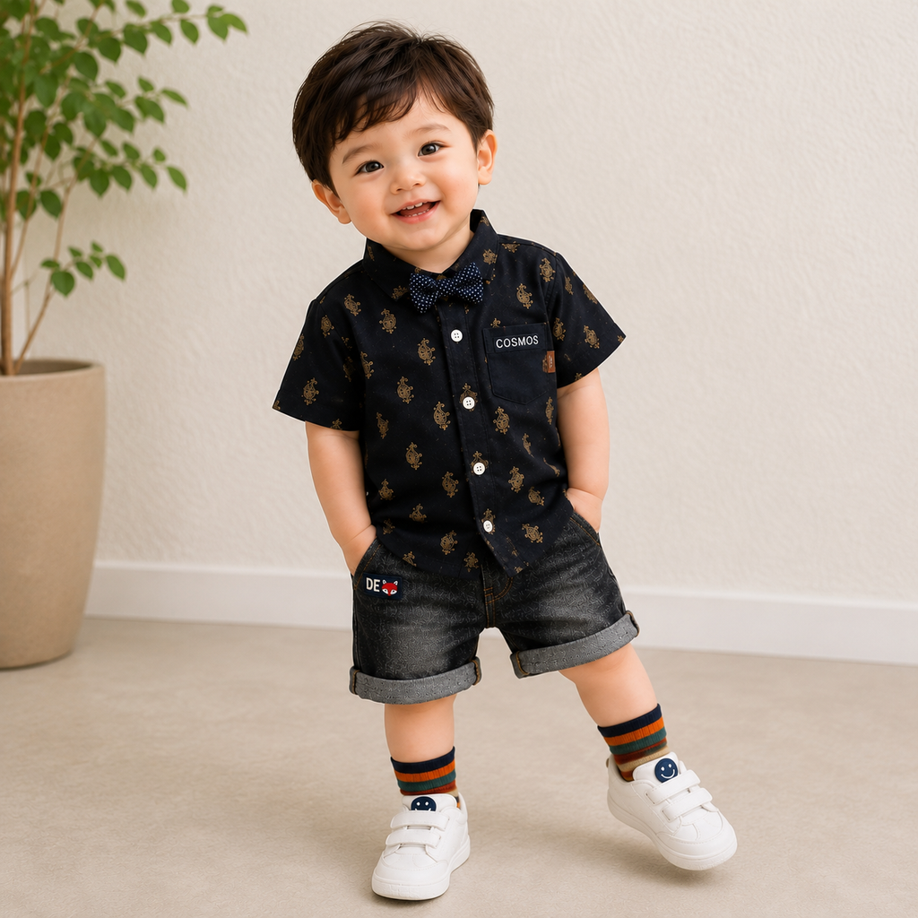 Baby Boys Formal Summer Outfit Set with Bow Tie & Shorts – Available in White, Black & Sky Blue