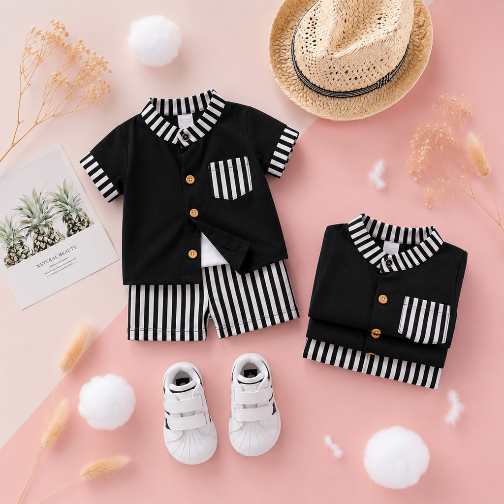 Stylish Kids Summer Co-ord Set | Black & White Striped Half Sleeve Shirt & Shorts Outfit