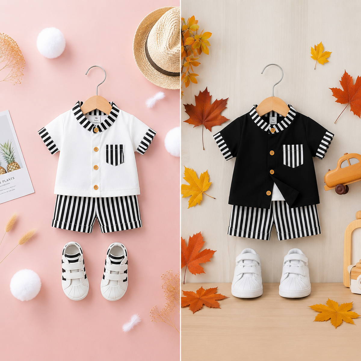 Stylish Kids Summer Co-ord Set | Black & White Striped Half Sleeve Shirt & Shorts Outfit