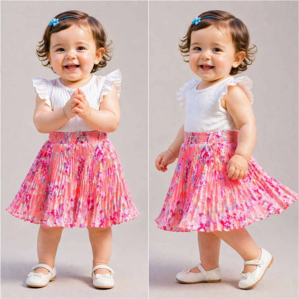 Baby Girls Pink Floral Pleated Skirt | Soft Elastic Waist | Cute Stylish Single Piece Skirt