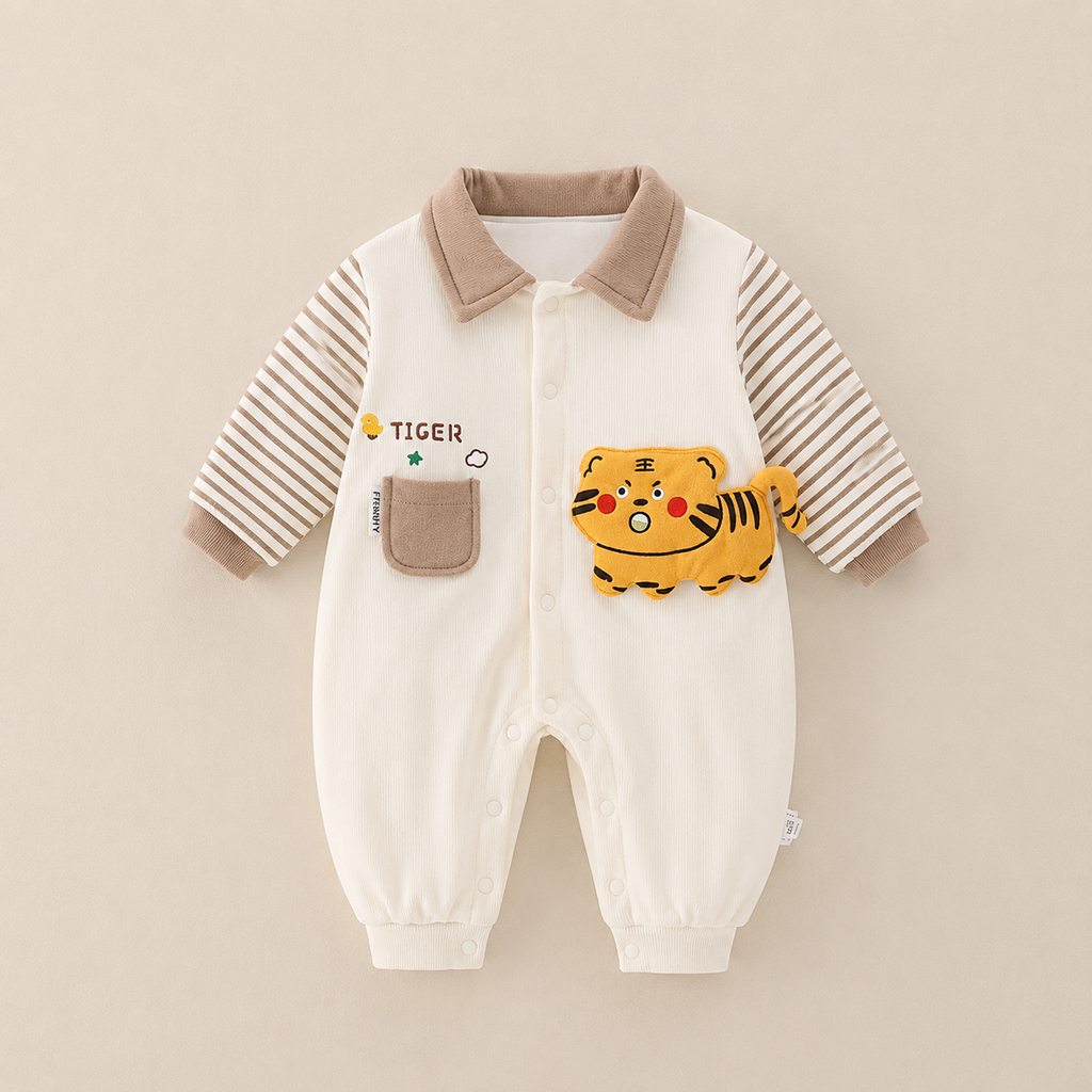 Baby Tiger Print Romper – Lightweight Summer Cotton Jumpsuit for Boys & Girls | Cute Cartoon Full Sleeve Bodysuit