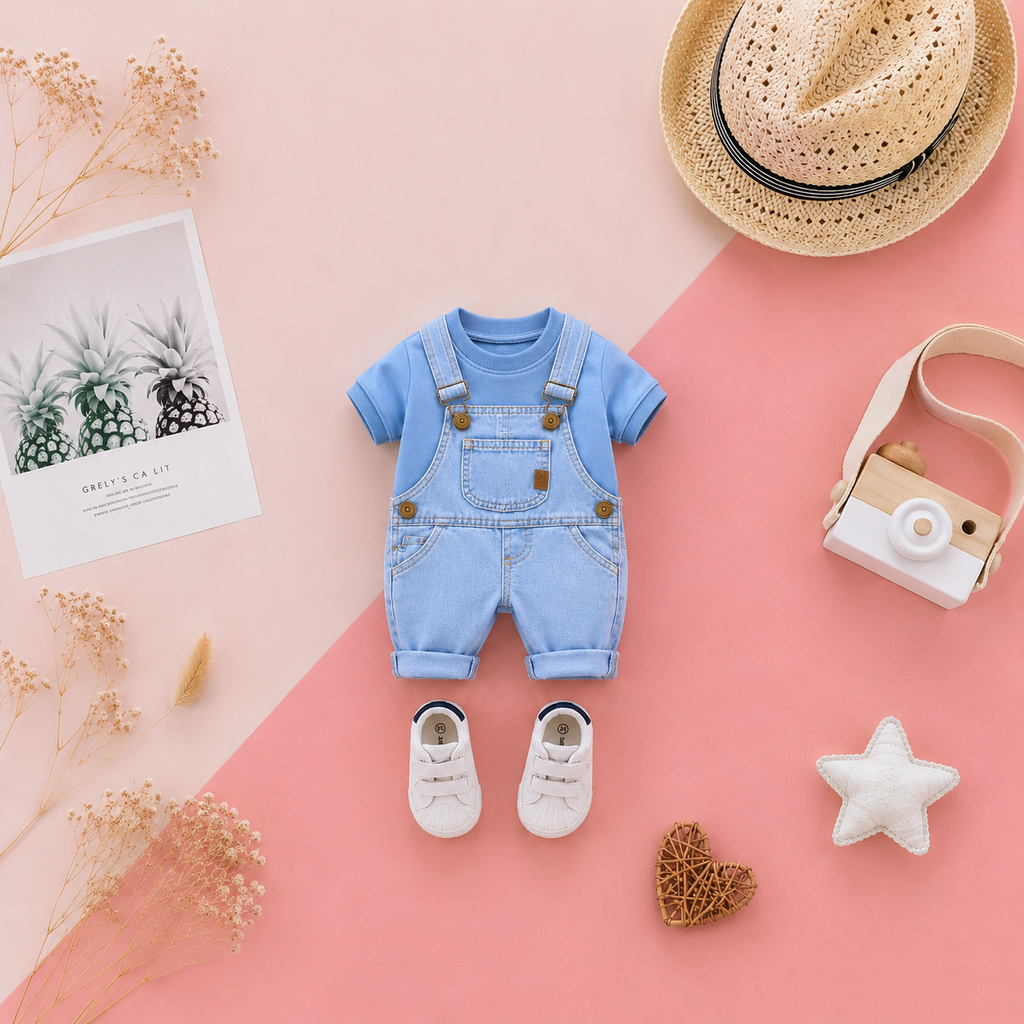 Baby Boy Denim Dungaree Set with Blue Tee 👶🩵