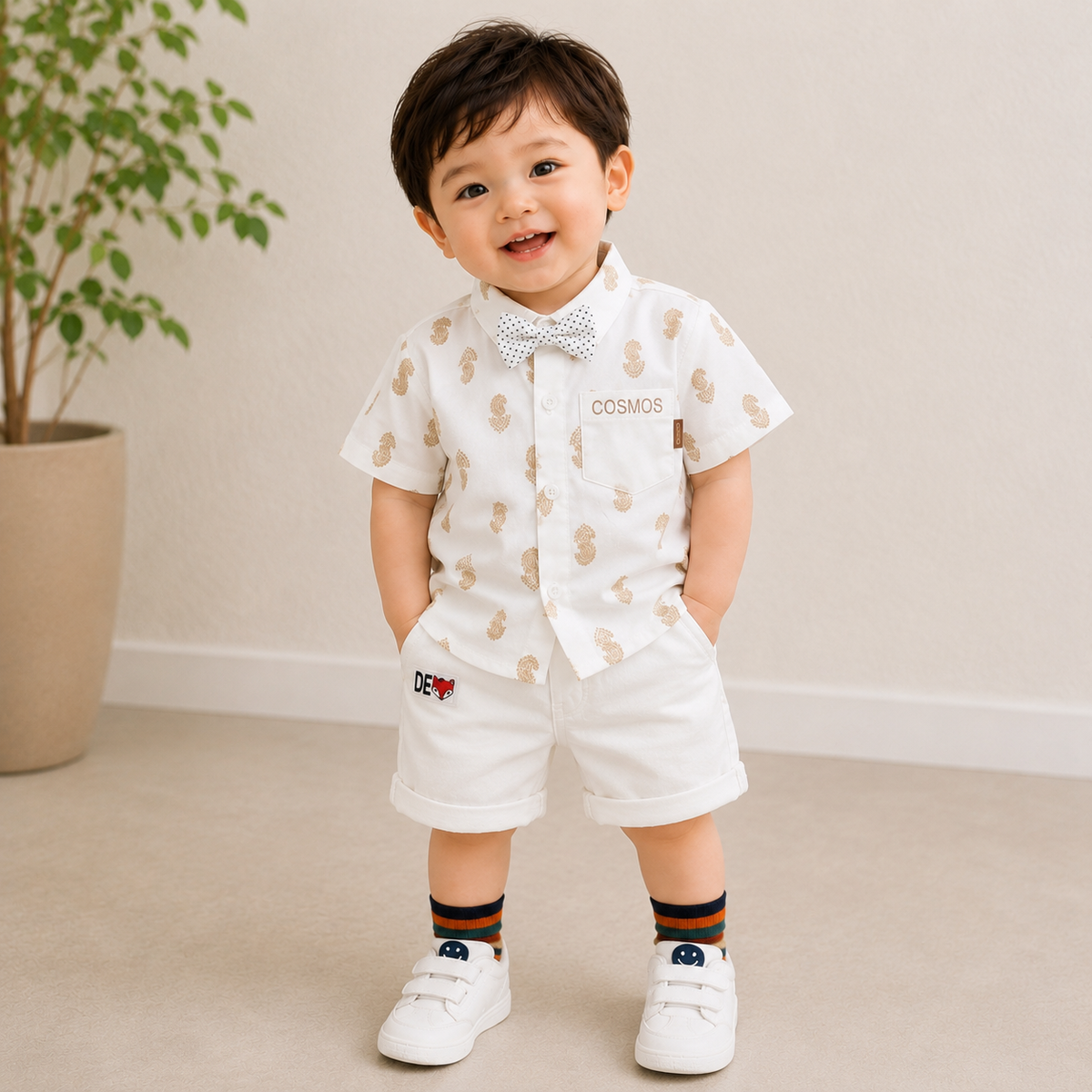 Baby Boys Formal Summer Outfit Set with Bow Tie & Shorts – Available in White, Black & Sky Blue