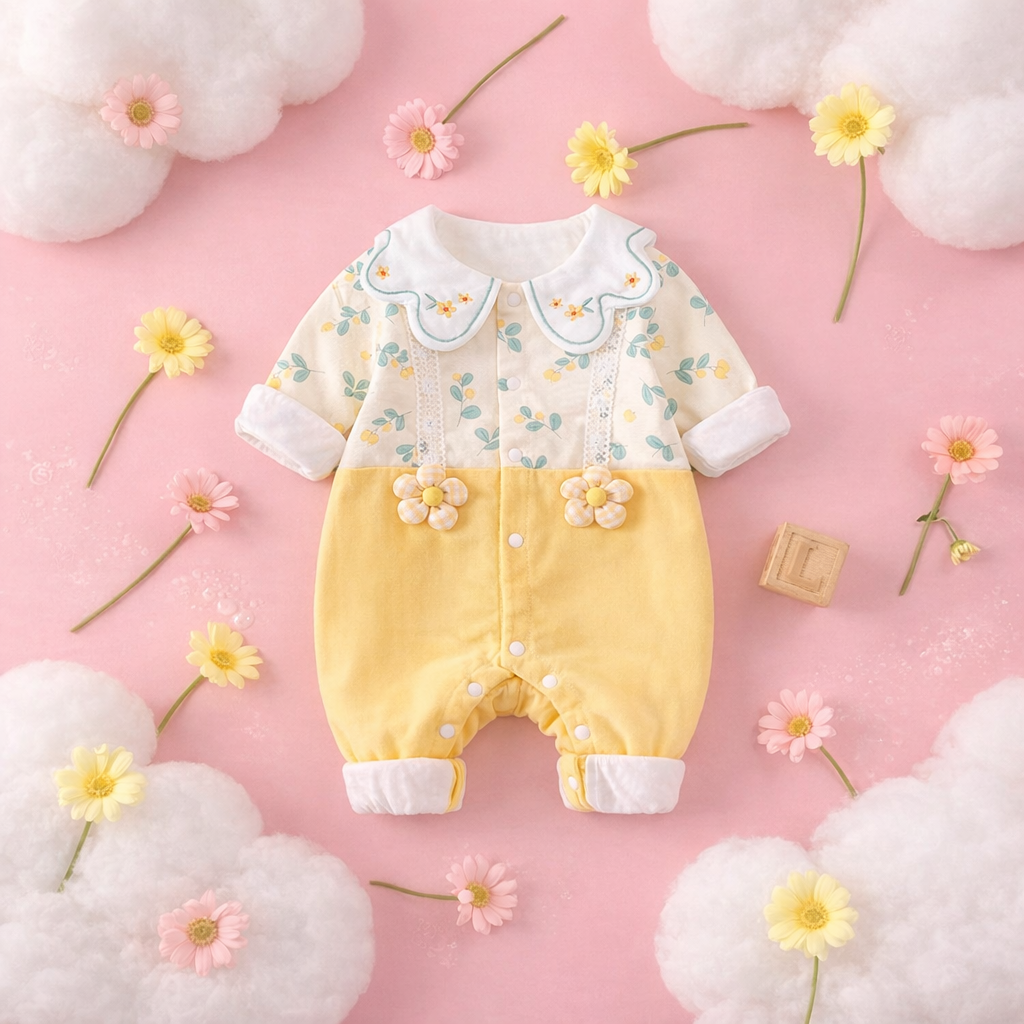 Sunshine Blossom Baby Romper – Soft Summer Floral Cotton Outfit for Girls 🌼👶